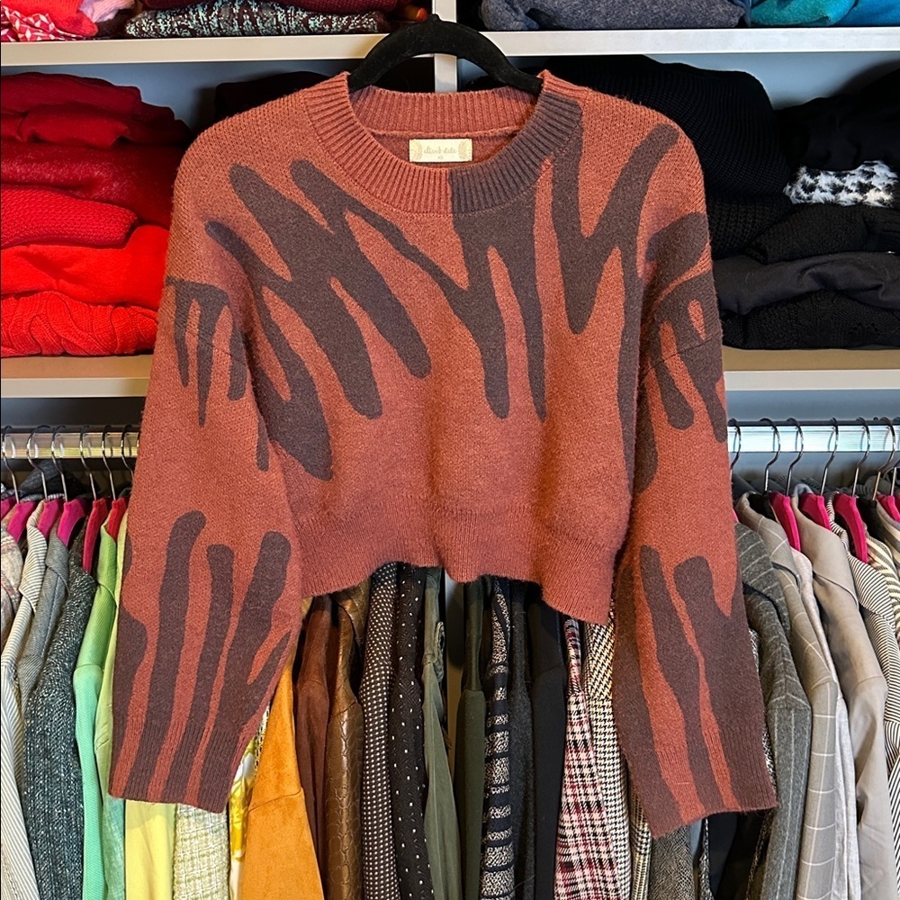 Altar’d State brown/black print long sleeve crew neck cropped sweater size XS